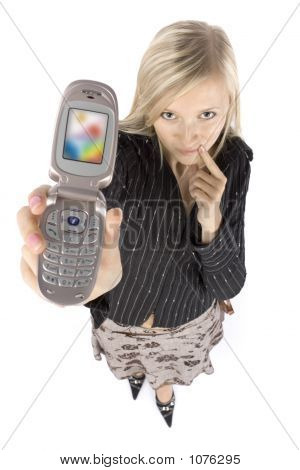 Headshot of young blonde Woman mit Moble phone