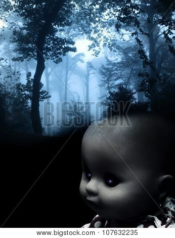 Vintage evil spooky doll and mysterious landscape of foggy forest 