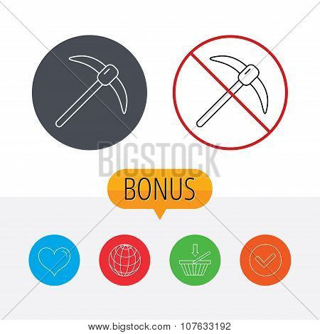 Mining tool icon. Pickaxe equipment sign.