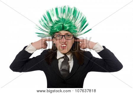 Funny businesswoman in business concept on white