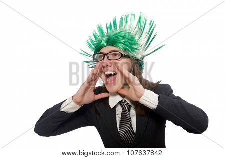 Funny businesswoman in business concept on white