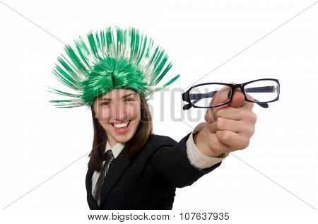 Funny businesswoman in business concept on white