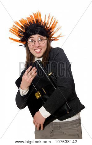 Funny businesswoman in business concept on white