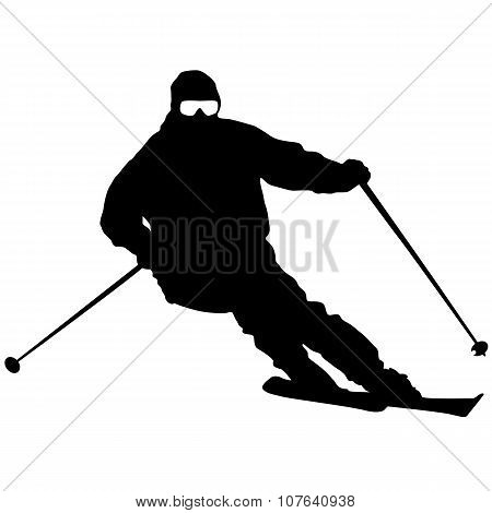 Mountain Skier  Speeding Down Slope. Vector Sport Silhouette.