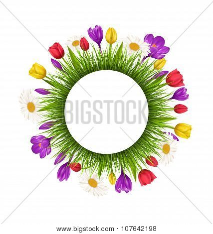 Circle Frame With Green Grass And Flowers Isolated On White