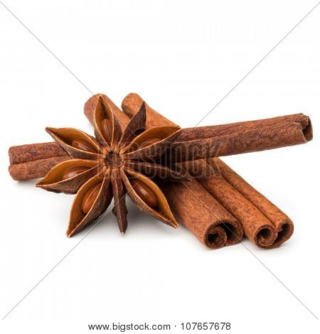 cinnamon stick and star anise spice isolated on white background closeup