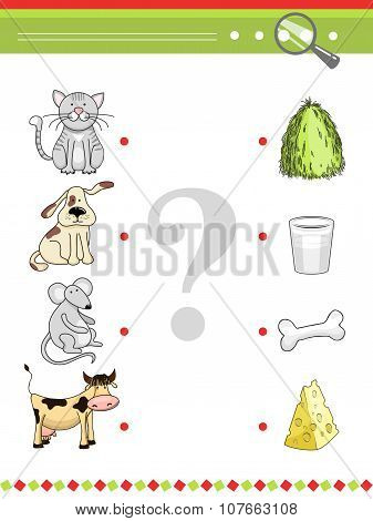 Matching game for preschool children book. Cartoon vector animals and their food