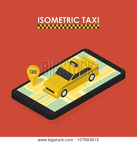 Isometric concept of mobile app for booking taxi