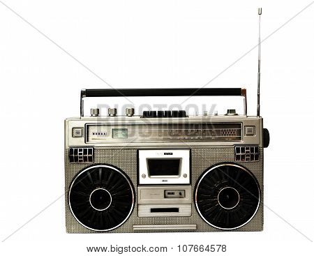 1980S Silver Radio Boom Box With Antenna Up Isolated On White