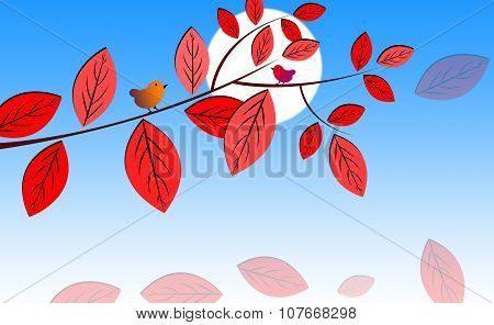 A Bird sitting on Tree Branches with Beautiful Red Leaves and Moon Illustration