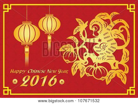 Happy Chinese new year 2016 card is  lanterns ,Gold monkey on peach tree