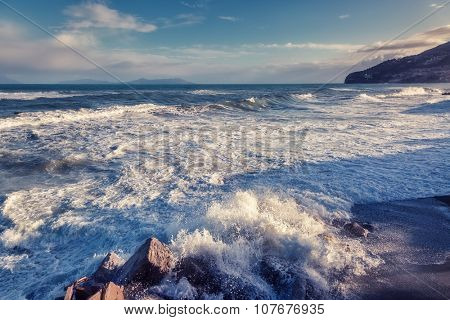 Fantastic sea view with blue sky and strong storm waves. Dramatic and picturesque scene. Location Gioiosa Marea. Lipari island, Sicilia, Italy, Europe. Mediterranean and Tyrrhenian sea. Beauty world.