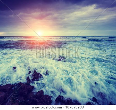 Fantastic sea view with dark sky and strong storm waves. Dramatic and picturesque scene. Location Gioiosa Marea. Lipari island, Sicilia, Italy, Europe. Mediterranean and Tyrrhenian sea. Beauty world.
