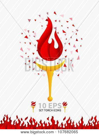 Set of victory torches. Sparks from fire. Vector illustration.