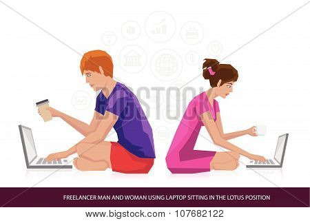 Freelancer man and woman using laptop sitting in lotus position.