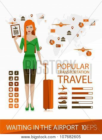 The girl with a suitcase. Travel icons.