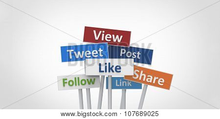 3D View Tweet Like Follow Post Link Share Street Signs Illustration Design On White Gray Background