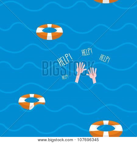 Man Drowns  Seamless Pattern. Lifebuoy On Waves Of Sea. Texture Of Sinking Man Raised His Hands And