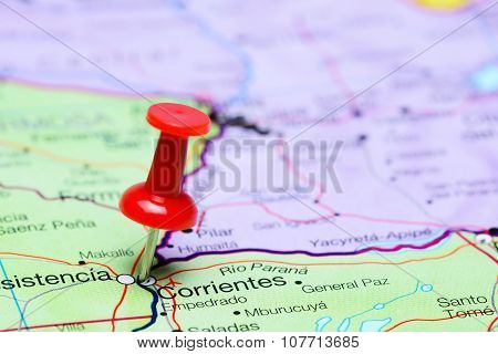 Corrientes pinned on a map of Argentina