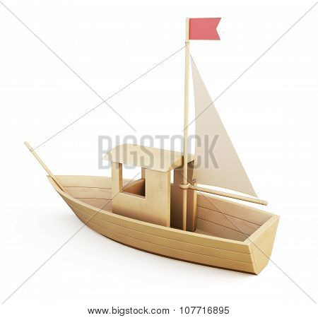 Wooden Sailboat. 3D Illustration.
