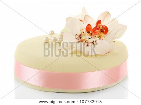 Cake with sugar paste flowers, isolated on white
