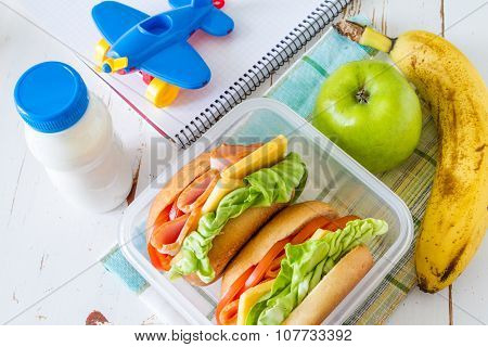 Lunch box with sandwich salad and friuts