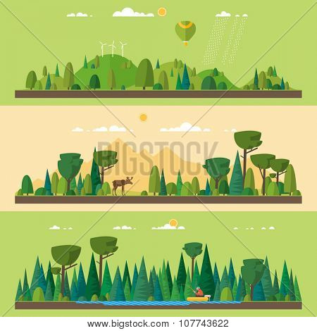 Vector flat illustrations - Eco style life. Abstract forest. Wildlife. Forest view. Fishing on the lake in the woods