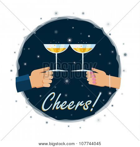 Vector illustration. Flat design illustration of hands toasting with a glass of champagn