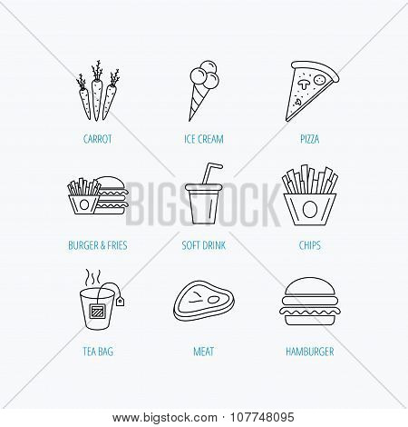 Hamburger, pizza and soft drink icons. Tea bag.