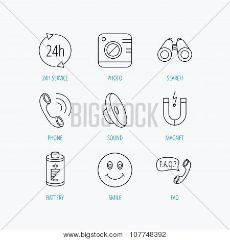 Phone call, battery and faq speech bubble icons.