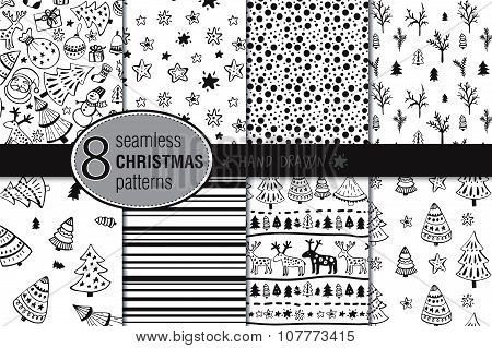 Set of eight seamless hand drawn christmas patterns.