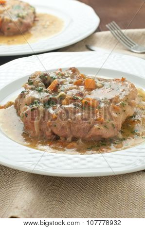 marrowbone, Veal Cut Used In Italian Cooking With Yellow Risotto Alla Milanese