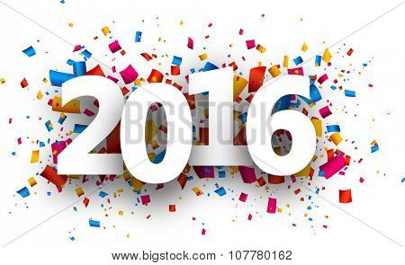 2016 new year card with colour confetti. Vector paper illustration.