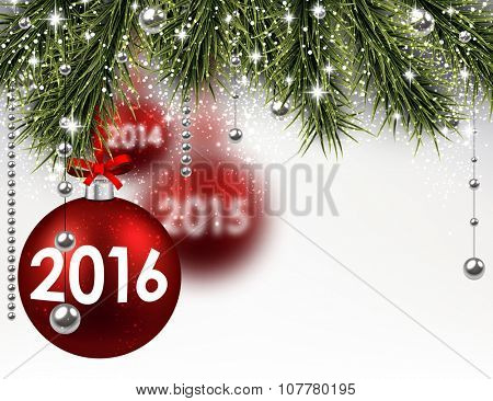 2016 New Year card with fir branches and red balls. Vector Illustration.