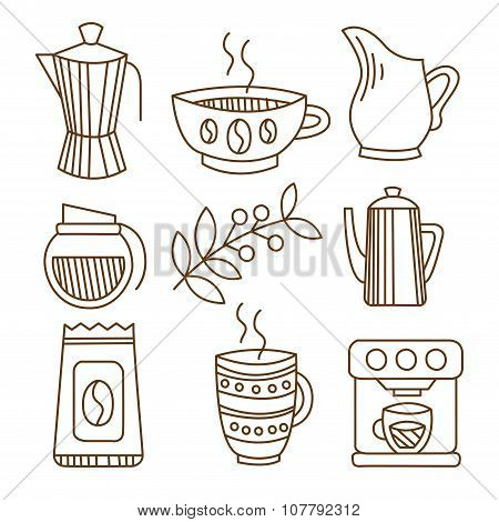 Coffee Elements in Handdrawn Linear Style. Vector Illustration Set