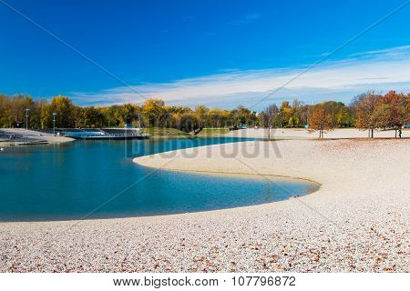 Bundek lake in Zagreb, Croatia, in autumn, blue sky