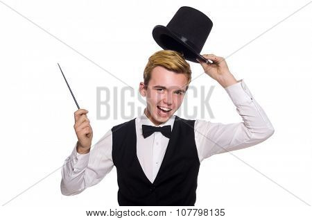 Magician with magic stick isolated on white