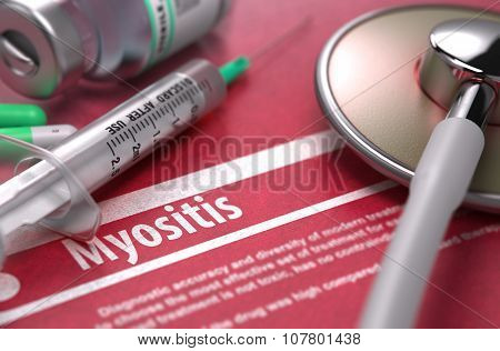 Myositis. Medical Concept on Red Background.