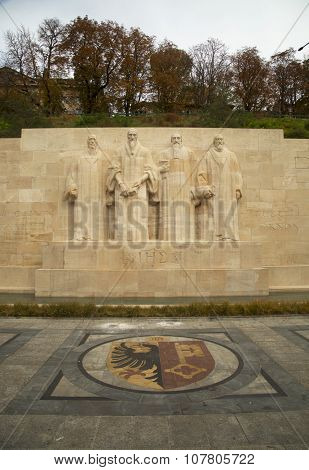 GENEVA-SWITZERLAND OCTOBER 25, 2015:  The International Monument to the Reformation in Geneva, Switzerland honor many of the main individuals of the Protestant Reformation by depicting them in statues