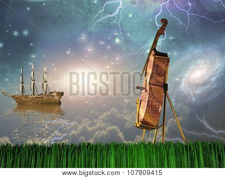 Cello in dream like landscape