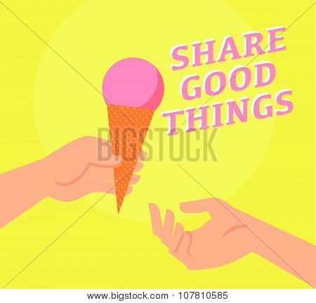 Vector flat summer illustration with ice cream and hands