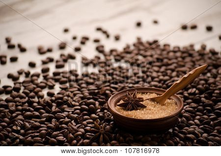 Sugar In A Porringer Stands On A Table On Grains Of Coffee