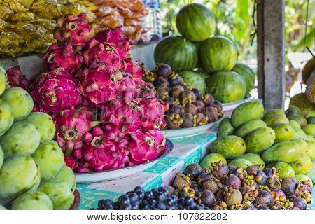 Open Air Fruit Market In The Village In Bali, Indonesia.