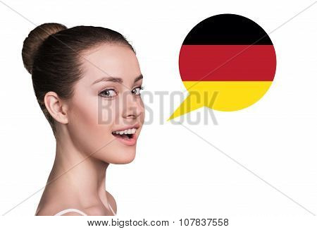 Beautiful woman speak. Bubble country flag