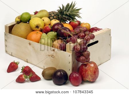 Fruits In Woodden Crate Isolated On White, Backdrop