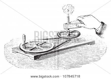 Heat generation by friction, vintage engraved illustration. Industrial encyclopedia E.-O. Lami - 1875.
