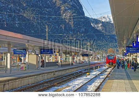 GARMISCH-PARTENKIRCHEN GERMANY - JANUARY 06 2015: View of the Garmisch-Partenkirchen train station on a sunny winter day. Bavaria. Germany