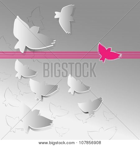 Vector abstract background with white birds in the gray sky.