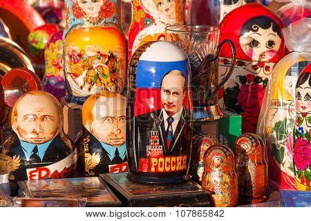 Moscow, Russia - March 31, 2008. Russian Traditional Dolls Matryoshka with portrait of Putin V.V.