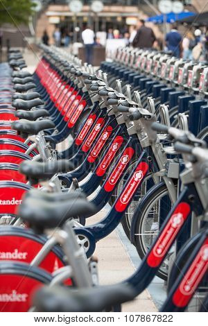 LONDON, UK - SEPTEMBER 9, 2015: Bike parking line in Canary Wharf